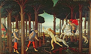 Sandro Botticelli - Die Geschichte von Nastagio degli Onesti: Nastagio's Vision der Verfolgung duch 