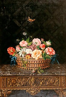 Miguel Parra - Rosen, Nelken, Flieder und Stiefmütterchen in einem Bastkorb