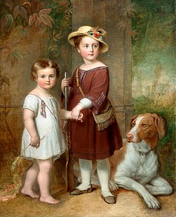 Franz Xaver Winterhalter - Zwei Mädchen und ein Hund im abendlichen Schloßpark