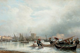 Eduard Hildebrandt - Fischer in einem südländischen Hafen