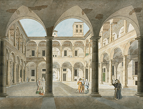 Johann Gottfried Gutensohn - Ansicht des Hofes von Santo Spirito in Rom