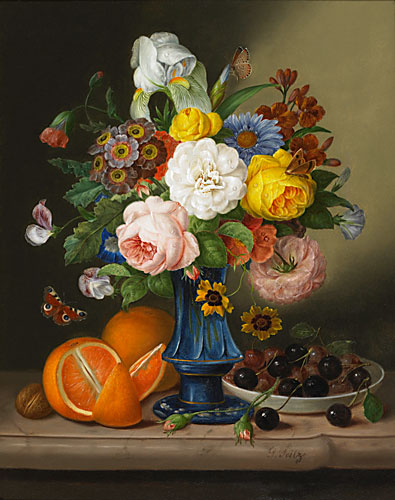 Johann Georg Seitz - Blumen- und Früchtestillleben mit Schmetterlingen