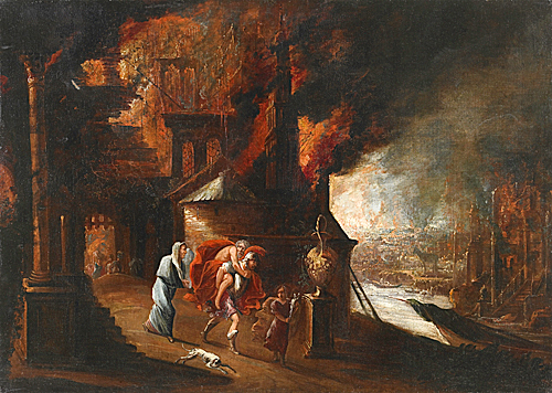 Italienischer Maler - Brand Trojas mit der Flucht des Aeneas