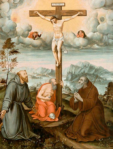  nordital. Maler - Christus am Kreuz, umgeben der Hl. Hieronymus, Antonius und Franz v. Assisi