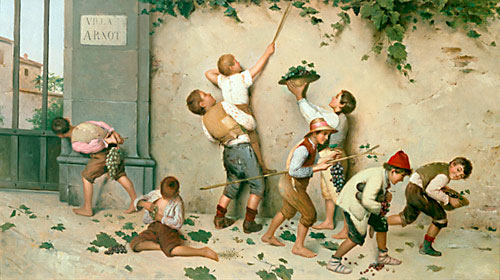 neapolitanisch. Maler - Die jungen Weintraubendiebe an der Mauer der Villa Arnot