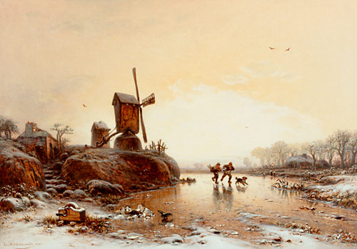 Eduard Hildebrandt - Eisläufer auf dem zugefrorenen Fluß an der Windmühle