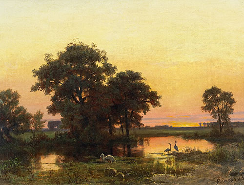 Albert Bierstadt - Flußlandschaft mit Reihern im Abendrot 