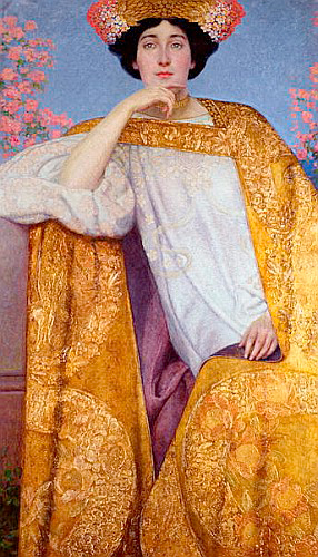 Gustav Klimt - Frauenporträt in einem goldenen Kleid