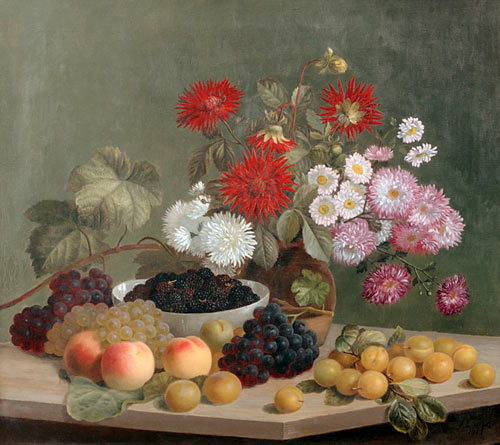 E.C. Ulnitz - Großes Stilleben mit Herbstblumen und Früchten