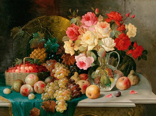 Konstantin Stoitzner - Großes Stilleben mit Rosenstrauß und zahlreichen Früchten