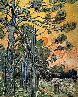 Vincent van Gogh - Kiefern mit untergehender Sonne und weiblicher Figur