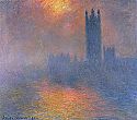 London, das Parlament. Die Sonne bricht durch den Nebel
