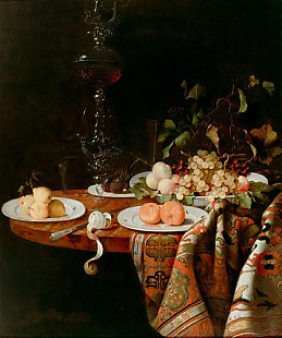 Johann Georg Hinz (Hainz) - Prunkstilleben mit zahlreichen Früchten, Glaspokal, Porzellanschalen und Teppic