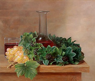 Johan Laurentz Jensen - Stilleben mit Weintrauben, Lorbeerkranz, Rotweinflasche- und Glas