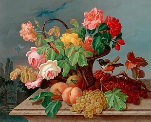 Anton Mollis - Stilleben mit Rosen in einem Weidekorb