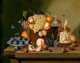 Johann Georg Seitz - Früchtestilleben mit Elfenbeinpokal und Rotweinkaraffe