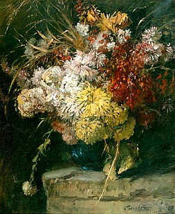 Anna Peters - Großer Strauß Herbstblumen in blauer Vase