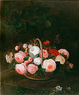 Johan Laurentz Jensen - zugeschr. - Aufblü̈hende rote Rosen in einem Weidenkorb