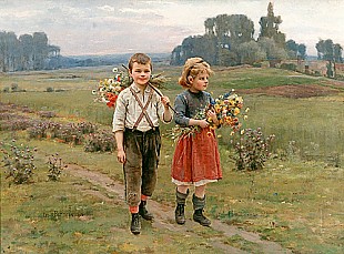 Cesar Pattein - Zwei Bauernkinder mit Wiesenblumen auf dem Heimweg 