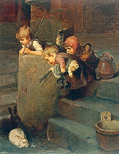 Simony-Jensen - Spielende Kinder mit Kaninchen an einer Treppe 