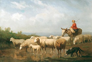 Valere Verheust - Schafherde und Hüterin im seichten Wasser am Flußufer