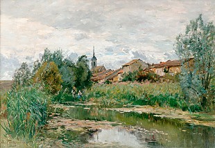 Edmond Marie Petitjean - Angler an einem Teich am Ortsrand 