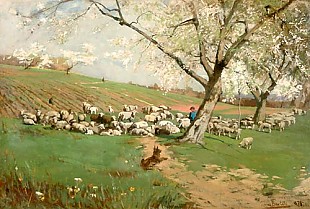Hans von Bartels - Schafherde an einer Frühlingswiese