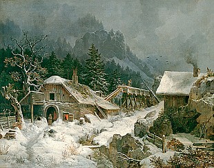 Heinrich Bürkel - Winterabend über der Schmiede im Hochgebirgstal 