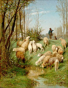 Albert Brendel - Schäfer und Herde an einem Bachufer 
