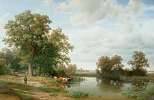 Johann (Hans) Beckmann - Hirte und Rinderherde am Flussufer unter alten Eichen 