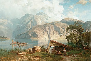 August Wilhelm Leu - Gebirgslandschaft an einem See 