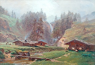 Paul (Gottlieb Daniel Paul) Weber - Sommermorgen am Gehöft im Wiesental