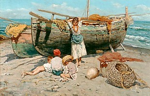 J. Giardiello - Fischermädchen und Kinder am Sandstrand eines süditalienischen Küstenhafens