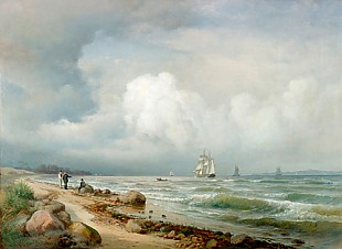 Anders Andersen-Lundby - Weite Strandlandschaft mit Segelschiffen im Küstengewässer