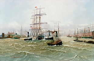 Alfred Jensen - Hamburger Hafen mit Dreimaster und zahlreichen Dampfbooten