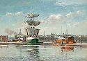 Amsterdamer Gracht mit ankerndem Dreimaster, Dampfer und Fischerbooten 