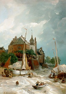 Andreas Achenbach - Strandbild vor einer Stadt mit altem Turm und Festungswall