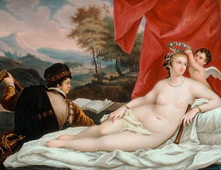 deutsch. Künstler - Porzellangemälde, Venus mit dem Lautenspieler