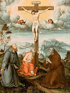 nordital. Maler - Christus am Kreuz, umgeben der Hl. Hieronymus, Antonius und Franz v. Assisi