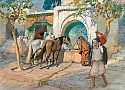 Orientszene mit Arabern und Pferden auf einem schattigen Platz am Brunnen