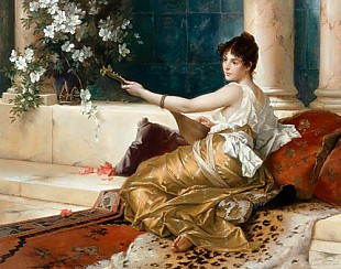 Conrad Kiesel - Orientalin beim Lautespiel im Säulengang eines Palastes