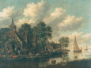 Thomas Heeremans - Belebtes Dorf am Ufer eines Kanals mit anlegenden Booten 
