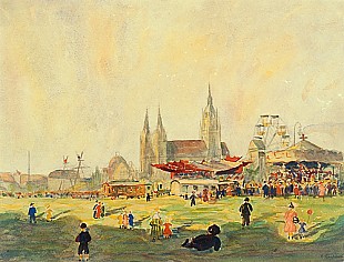 Hans Christiansen - Oktoberfest auf der Theresienwiese in München mit St. Pauls-Kirche 
