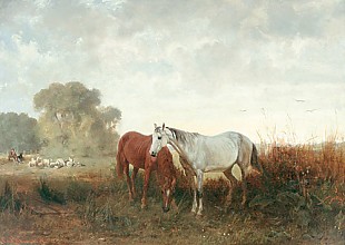 Emil Adam - Weidelandschaft mit Pferden und Schafen
