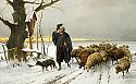 Schäfer mit seiner Herde auf dem Heimweg