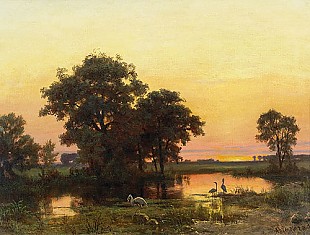 Albert Bierstadt - Flußlandschaft mit Reihern im Abendrot 