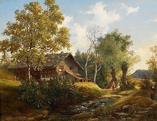 Französischer Landschaftsmale - Schweizer Landschaft mit Berghütte