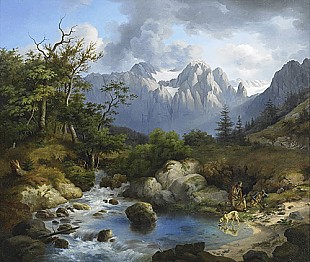 Johann Philipp Meinel - Sommerliche Alpenlandschaft mit Jägern 