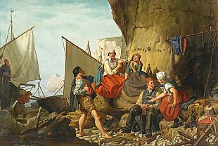 Französischer Maler - Normannische Fischerfamilie am Strand mit Kreidefelsen