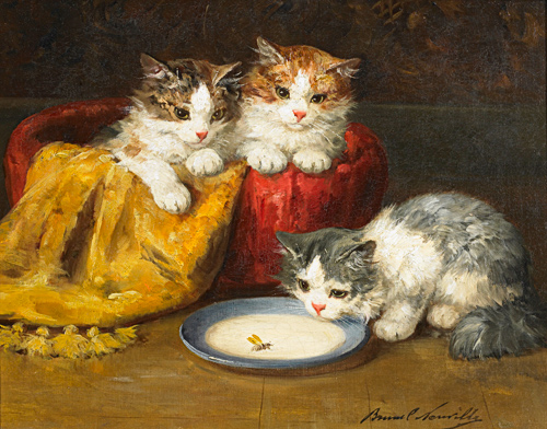 Bernard Neuville - Junge Katzen mit Biene